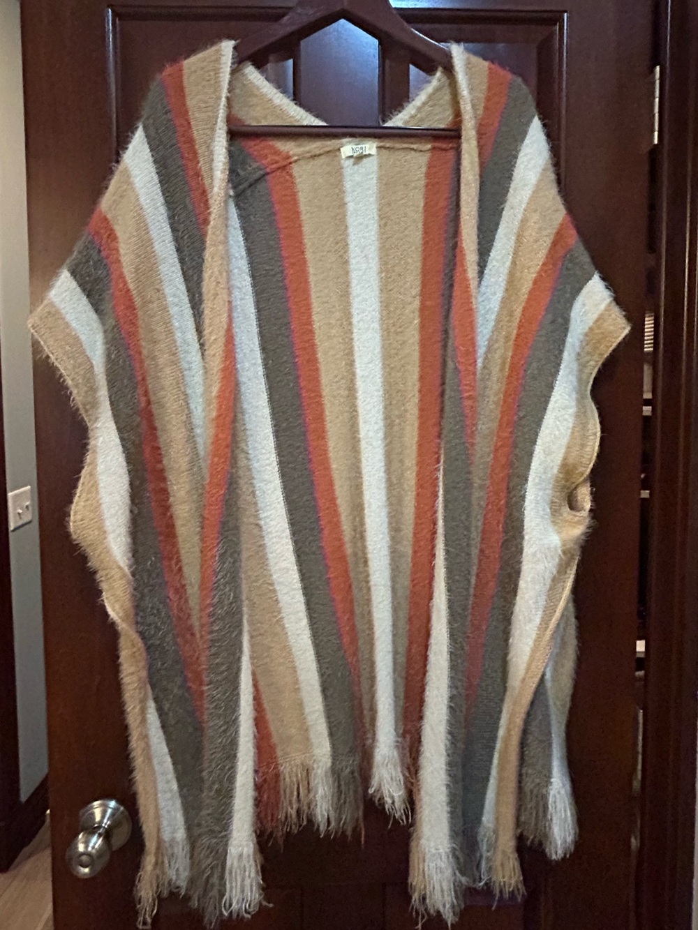 KORI America Fuzzy Striped Fringe Poncho Cardigan S/M